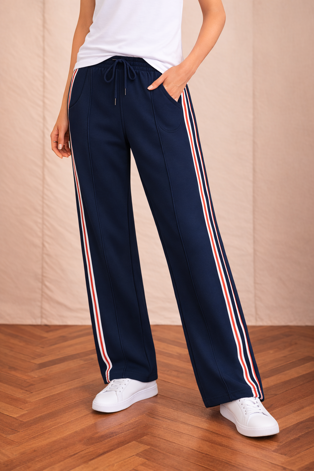 Elodie Wide leg/Side Stripe Pant - Navy