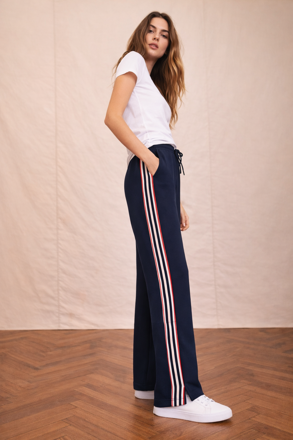 Elodie Wide leg/Side Stripe Pant - Navy