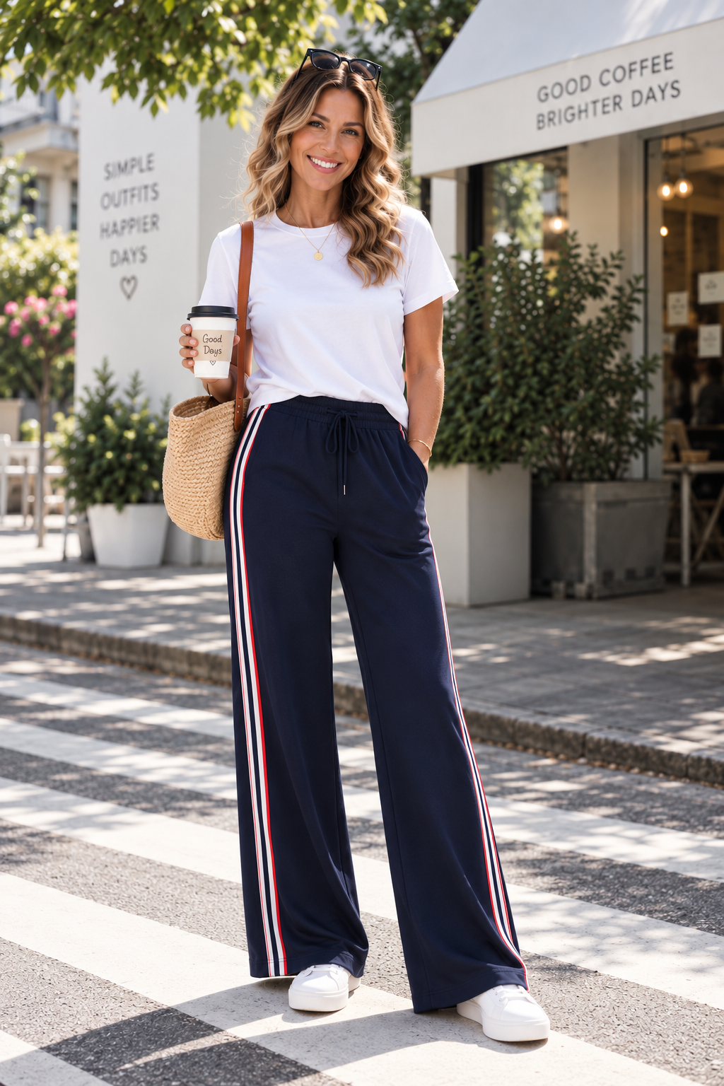 Elodie Wide leg/Side Stripe Pant - Navy
