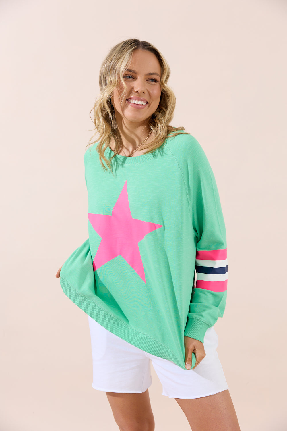 Holiday Oversized Sweater - Green/Pink Star